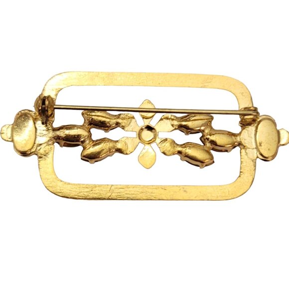 Czech Gold Tone Vintage Rhinestone Flower Square Rectangle Open Brooch Pin E774 - Picture 4 of 9